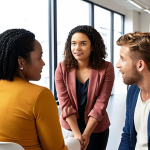 **A diverse group of people from different cultural backgrounds interacting during a health coaching session.** Focus on non-verbal communication cues, like eye contact and body language, to represent cultural sensitivity. The setting could be a bright, modern office space in Amsterdam.
