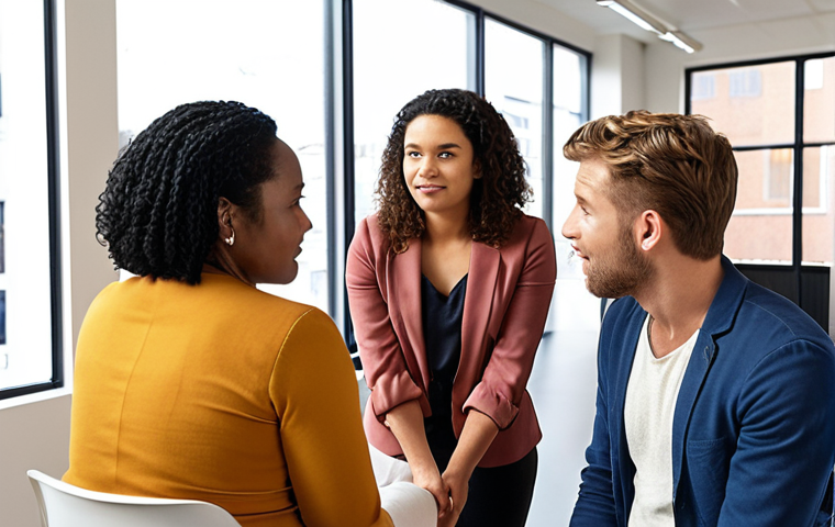 **A diverse group of people from different cultural backgrounds interacting during a health coaching session.** Focus on non-verbal communication cues, like eye contact and body language, to represent cultural sensitivity. The setting could be a bright, modern office space in Amsterdam.