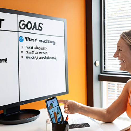 Home 6 **Image Prompt:** A health coach working with a client in a sunny, modern office. The coach is gesturing towards a whiteboard displaying "SMART Goals" written in Dutch. The client is smiling and looking motivated. There's a laptop on the desk showing a fitness tracking app. The scene should convey collaboration and empowerment.