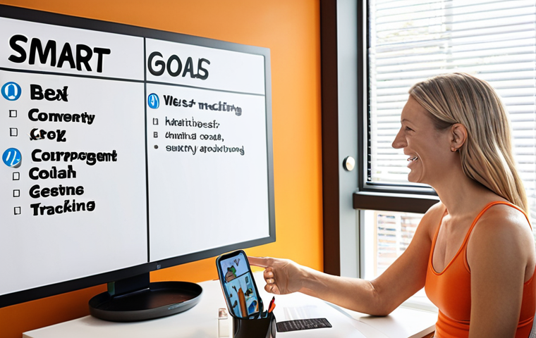 **Image Prompt:** A health coach working with a client in a sunny, modern office. The coach is gesturing towards a whiteboard displaying "SMART Goals" written in Dutch. The client is smiling and looking motivated. There's a laptop on the desk showing a fitness tracking app. The scene should convey collaboration and empowerment.
